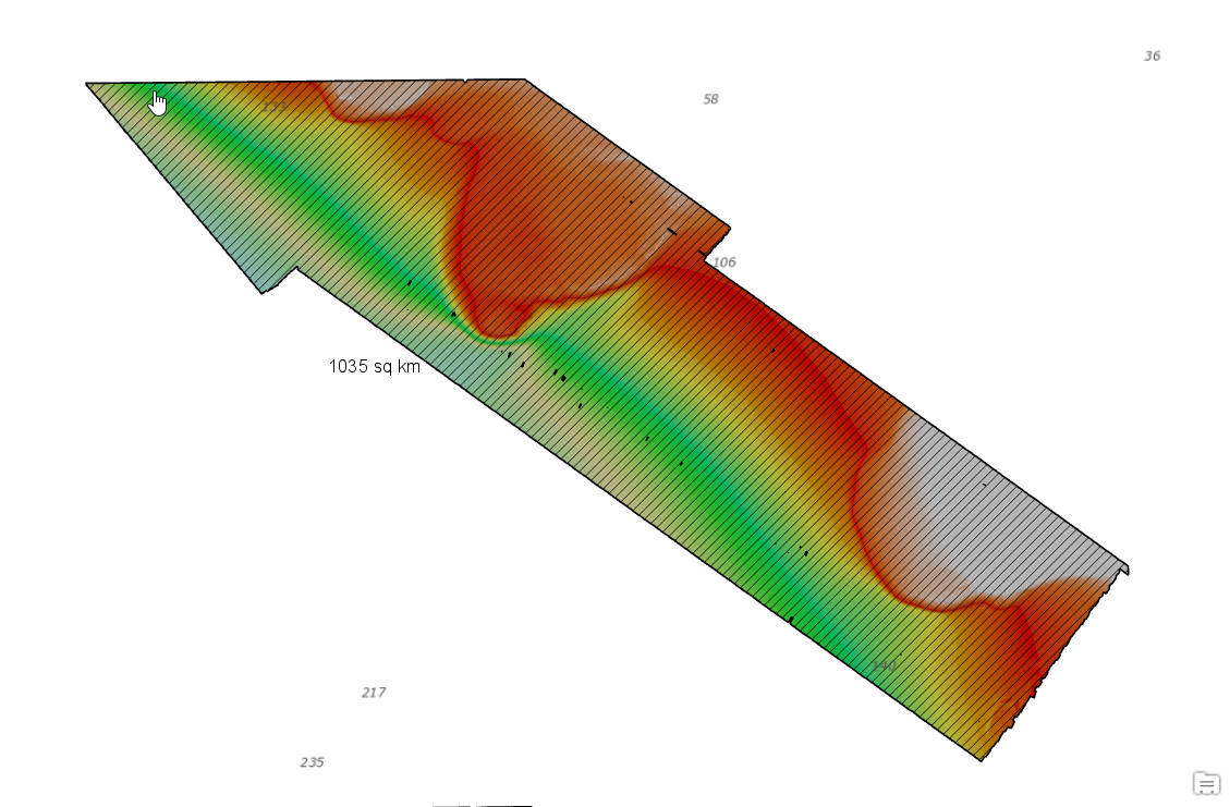 Results of tool showing labeled polygon of areas mapped.